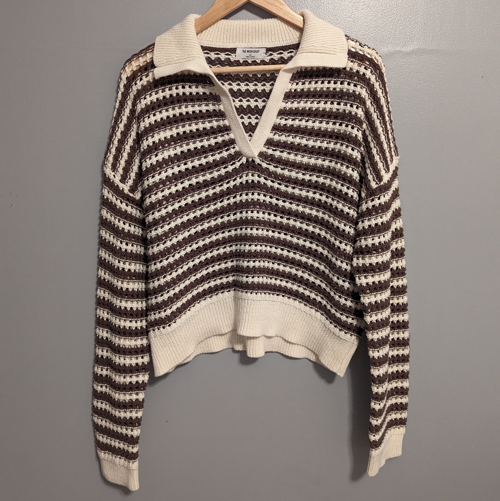 Workshop Republic Clothing V-Neck Collar Sweater - Cream | Brown Striped SizeM